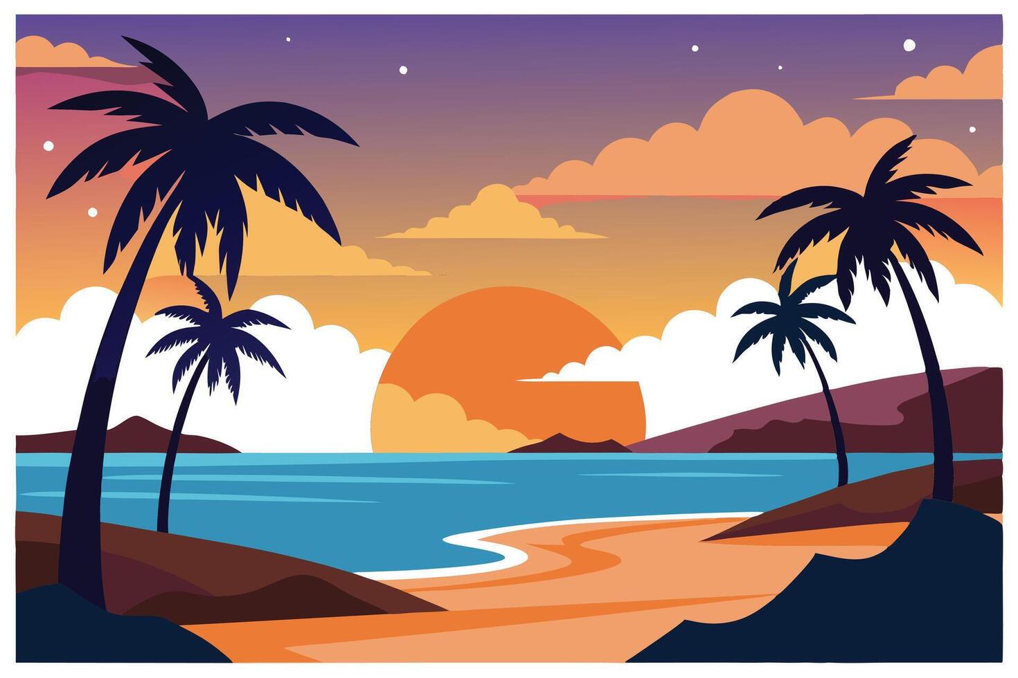 Tropical Beach Sunset with Palm Trees and Clouds at Dusk vector