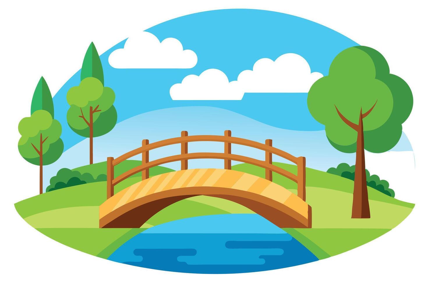 Nature with Bridge Over Water, Green Landscape, Sky with Clouds, Art vector