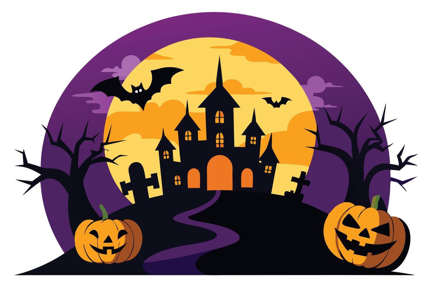 Spooky Halloween Night with Castle, Bats, Pumpkins and Full Moon vector