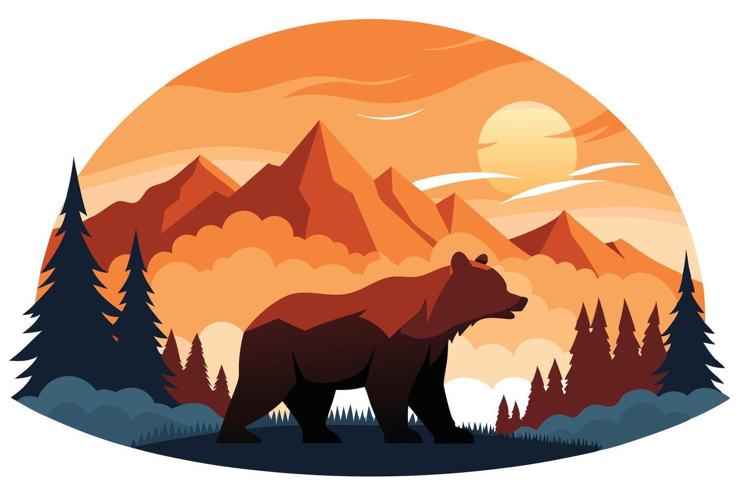 Mountain Sunset Landscape with Bear Silhouette, Trees and Clouds vector