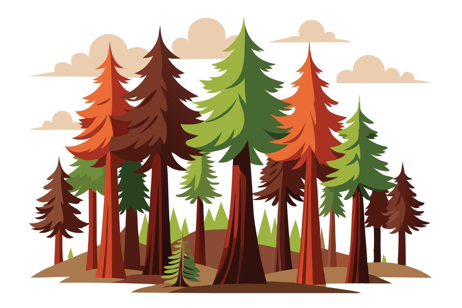 Cartoon Tree of Colorful Forest with Clouds on White Background vector