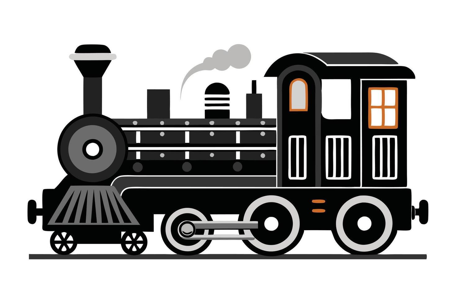 Whimsical Black Locomotive Train with Smoke Stacks on White Background vector