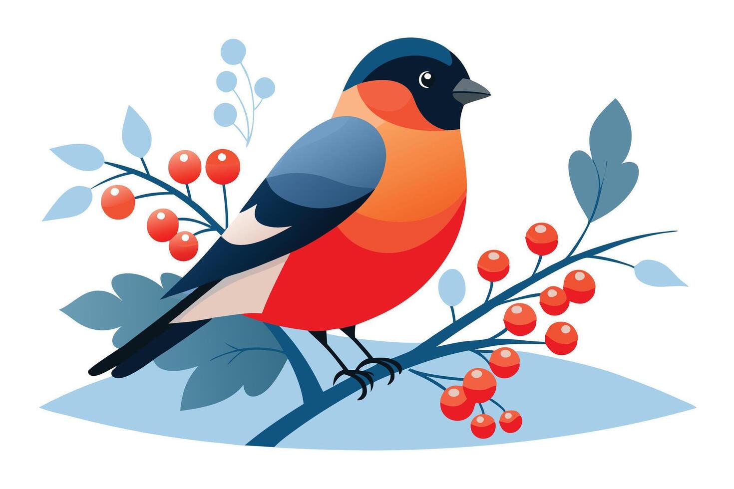 Stylized Bullfinch Bird on Branch with Berries, Flat , White Background vector