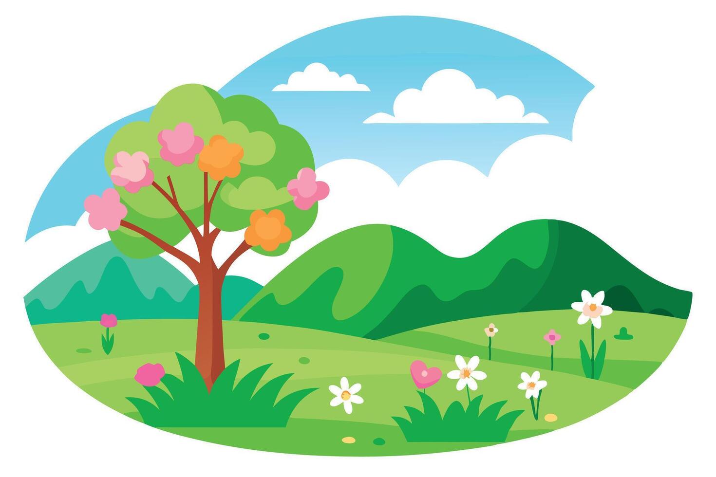 Flat Design Landscape with Colorful Blooming Tree and Flowers, Green Hills, Sky with Clouds vector