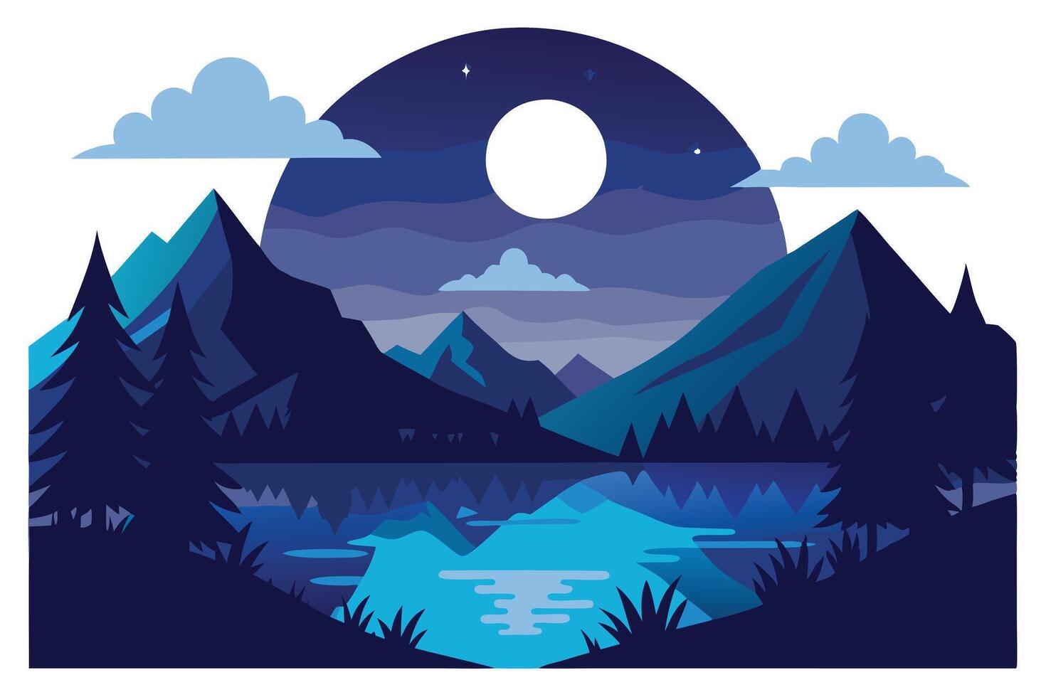 Minimalist Landscape with Forest, Mountain, Moon Reflection on Lake vector
