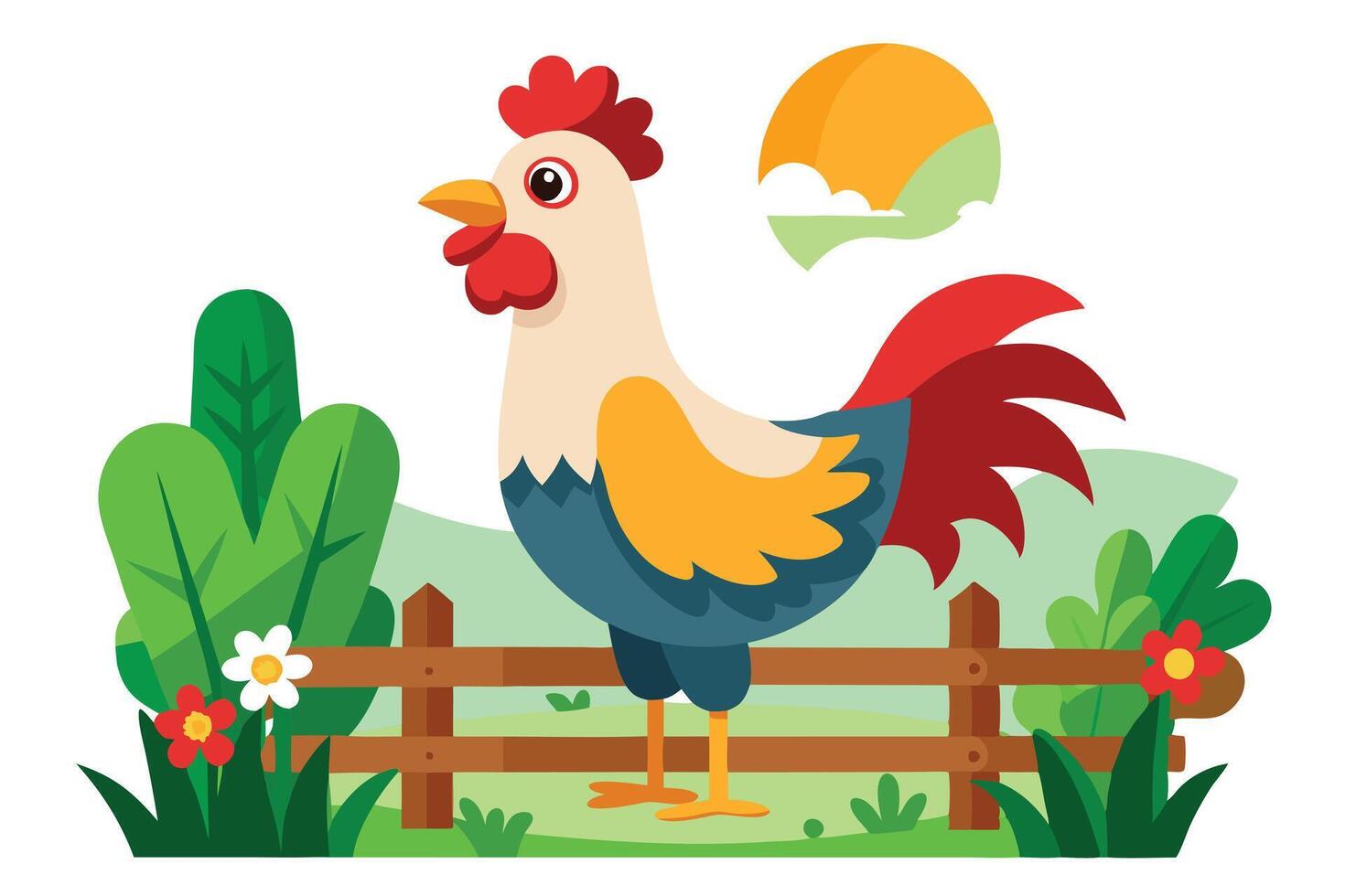 Stylized Rooster Flat Farm with Fence and Flowers vector