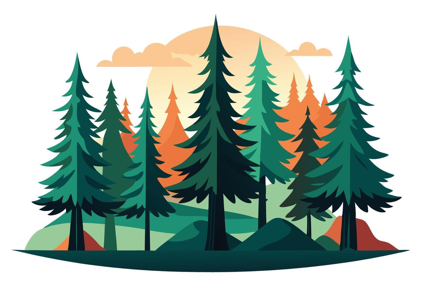 Forest with Evergreen Trees, Landscape on a White Background vector