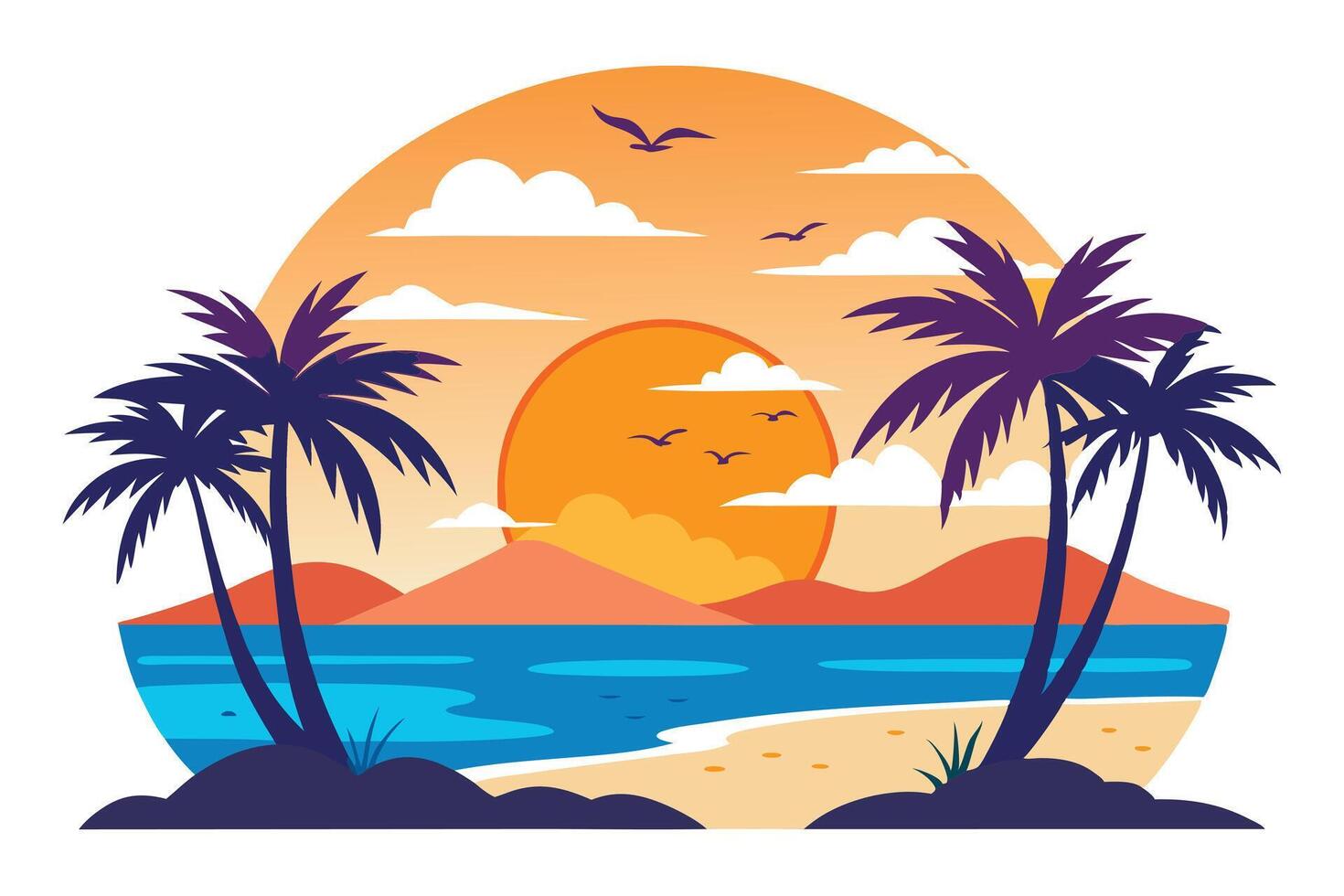 Tropical Sunset View with Palm Trees, Orange Sky, Flying Birds, and Ocean View vector