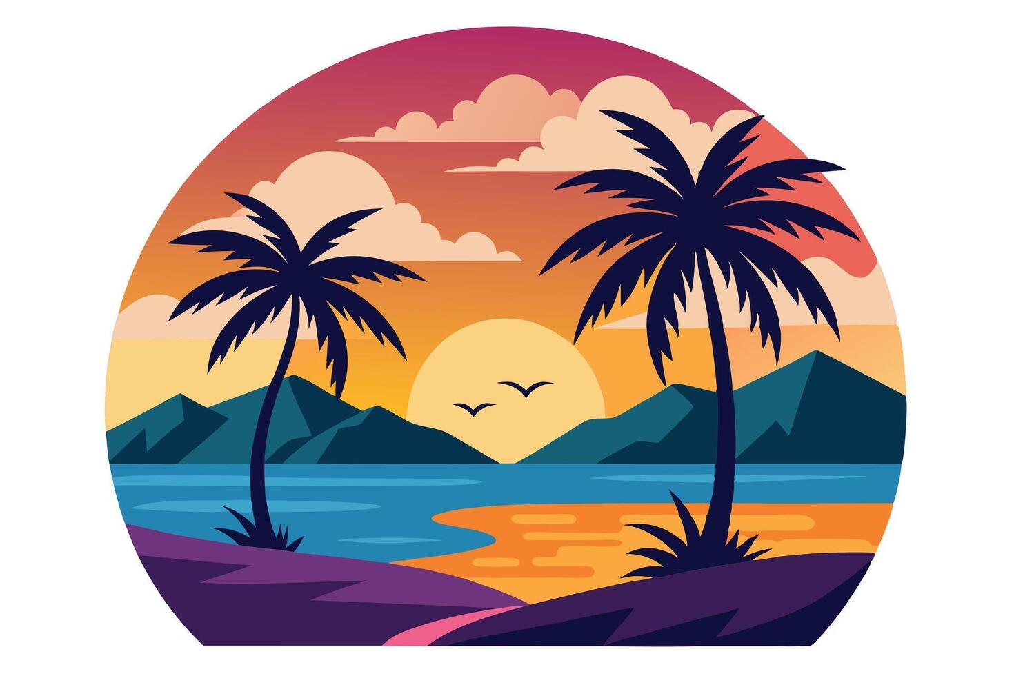 Stylized Sunset Seascape with Palm Trees, Mountains and Birds in Circular vector
