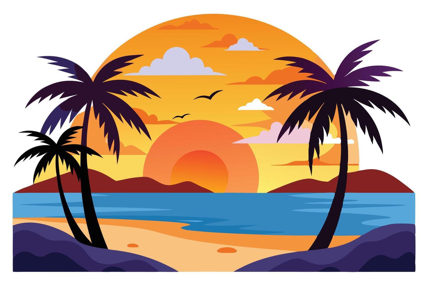 Tropical Island Sunset View with Palm Trees Silhouettes and Bird Flight vector