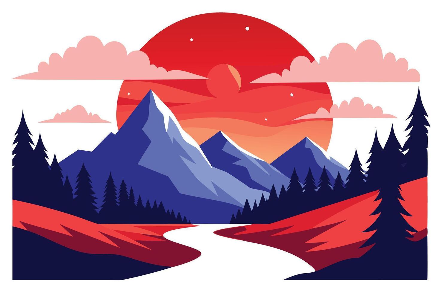 Flat Landscape Scenery with Blue Mountains, Red Sky and Trees Nature Design vector