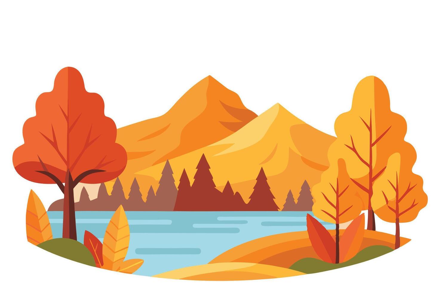 Fall Landscape with Mountains, Lake, Autumn Trees, and Colorful Foliage on White vector