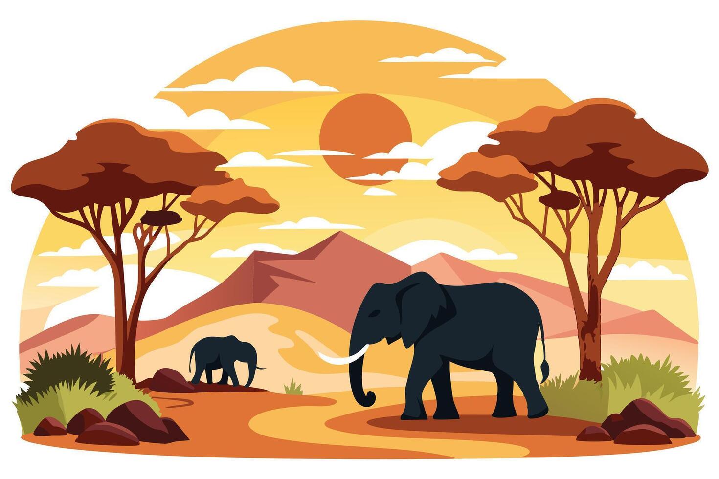 African Landscape with Elephant, Nature with Trees and Sunset, Savannah vector