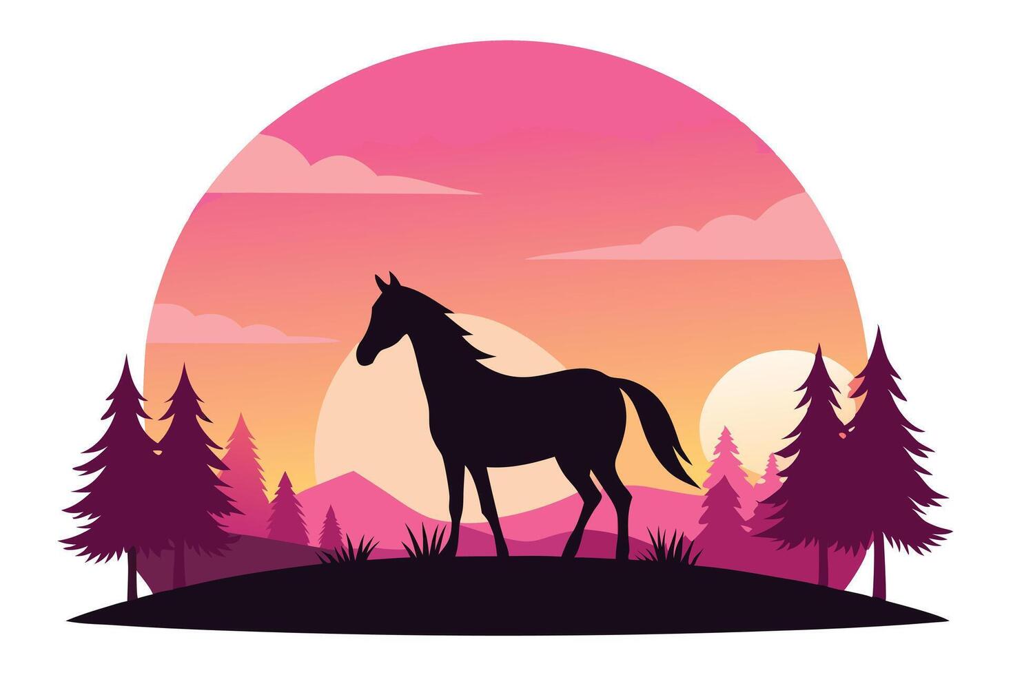 Silhouette Horse With Sunset, Trees, and Mountain on White Background vector