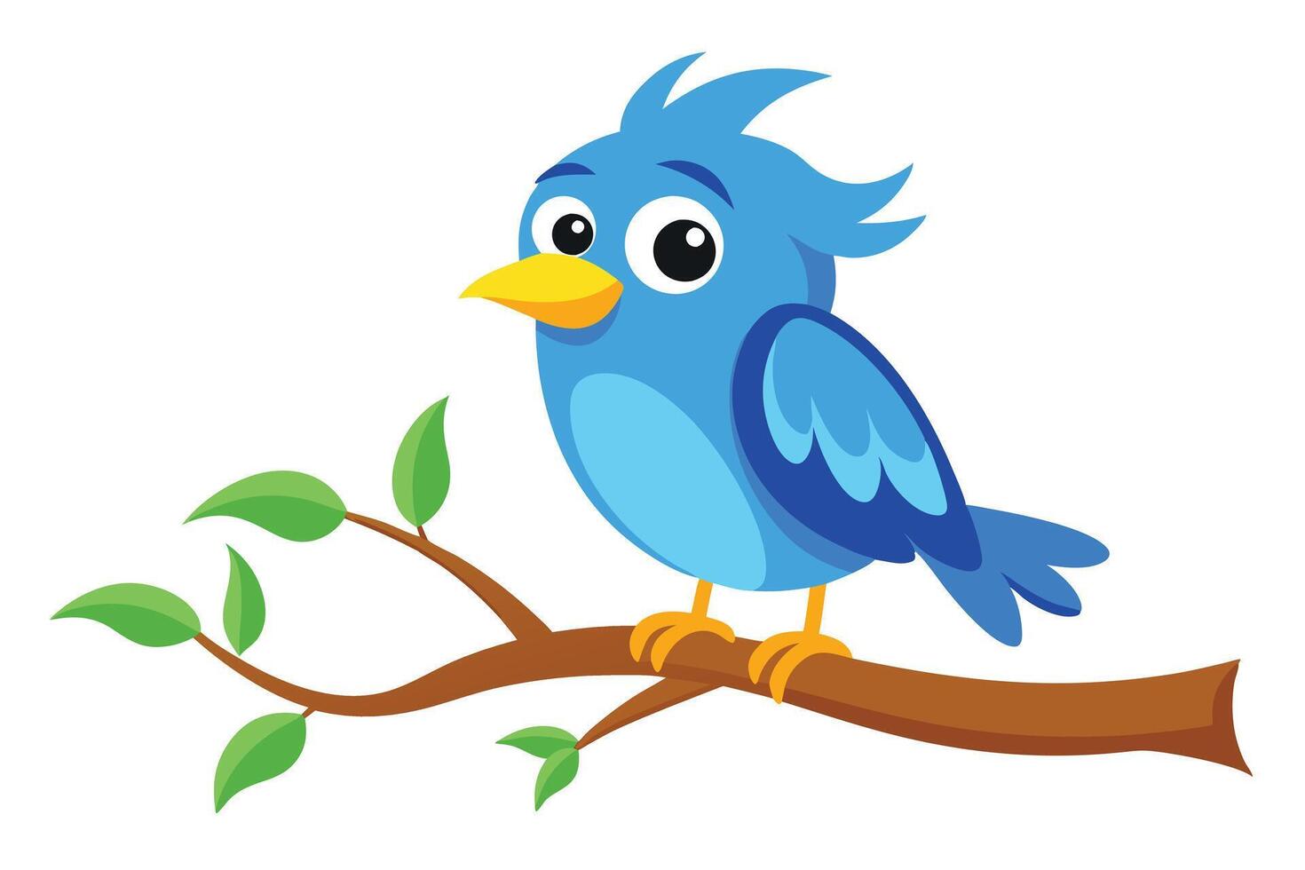 Cartoon Blue Bird Perched on Tree Branch with Green Leaves, Yellow Beak vector