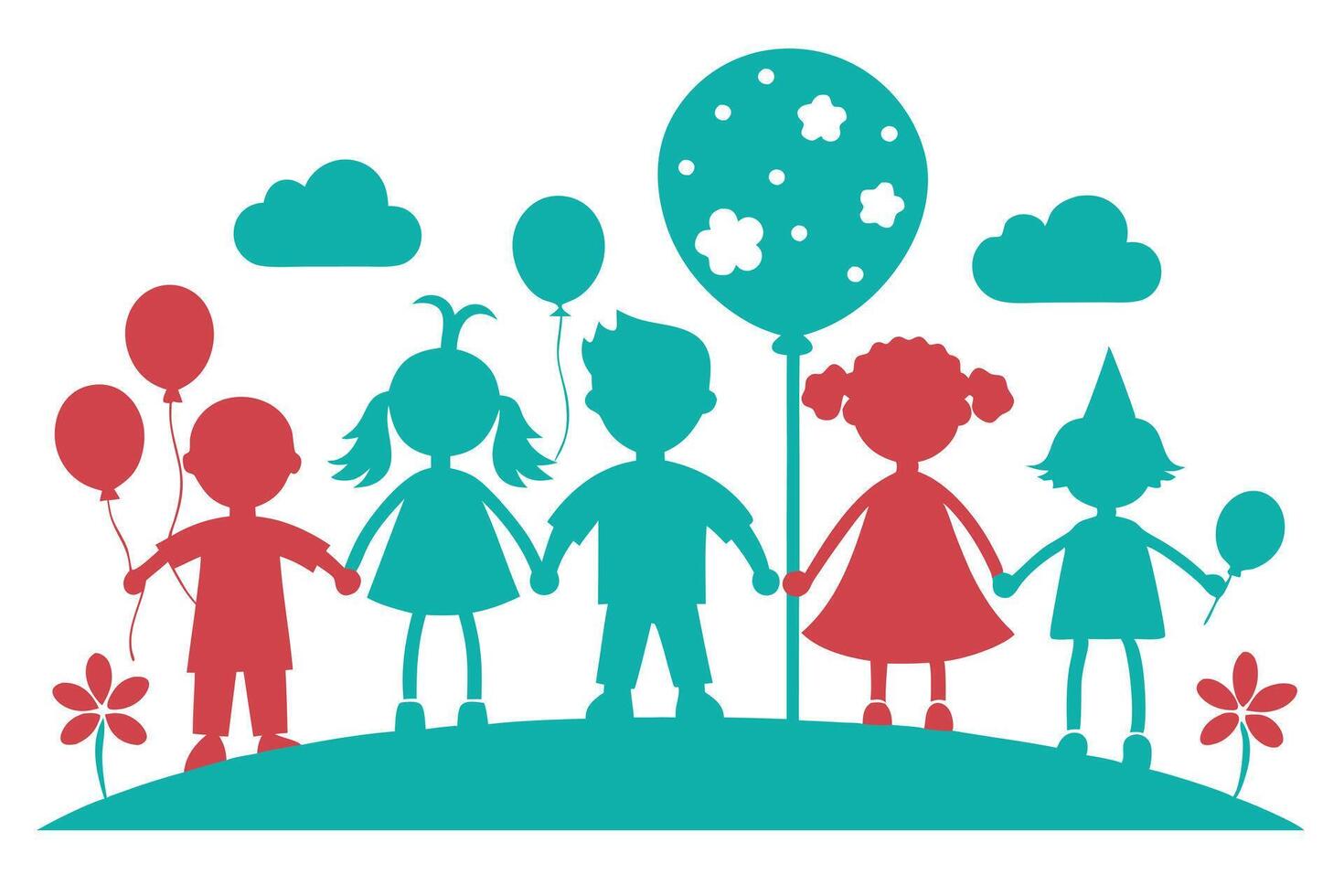 Playful Children Holding Hands with Balloons on White Background vector