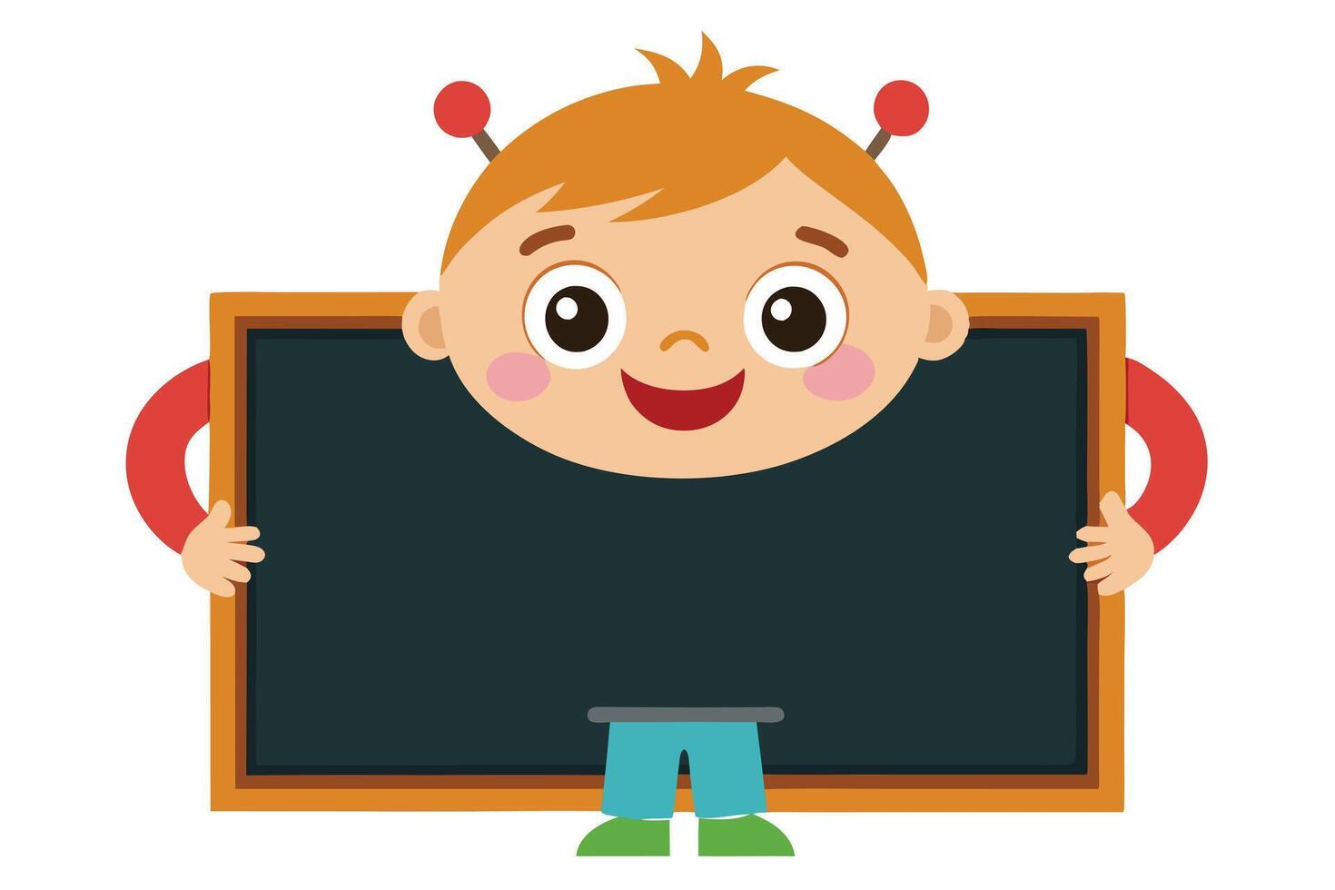 Joyful Boy with Antenna Holding Blank Chalkboard with Wooden on White Background vector