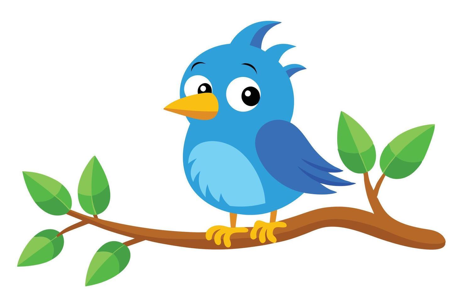 Cartoon Bluebird on Branch with Green Leaves on White Background vector