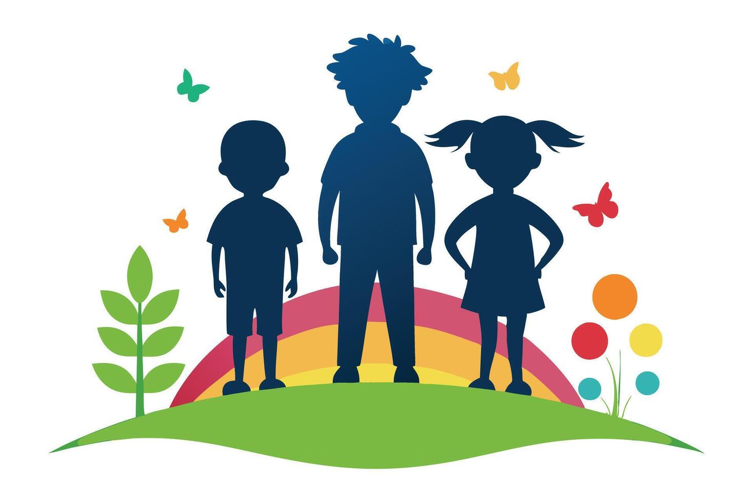 Silhouette Kids Standing On Green Hill With Rainbow And Butterflies vector