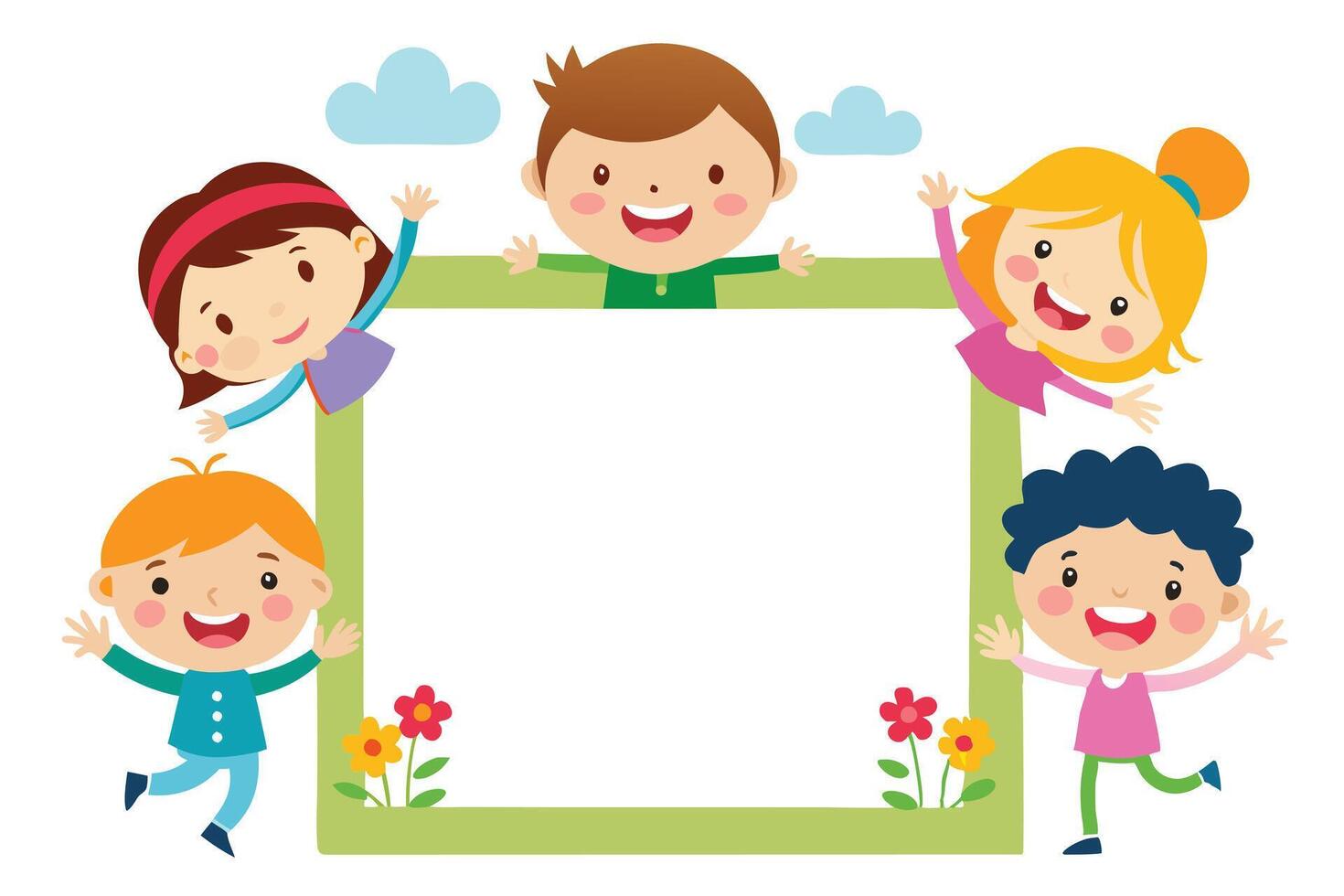 Cheerful Cartoon Kids Group Around a Rectangular Green on White Background vector