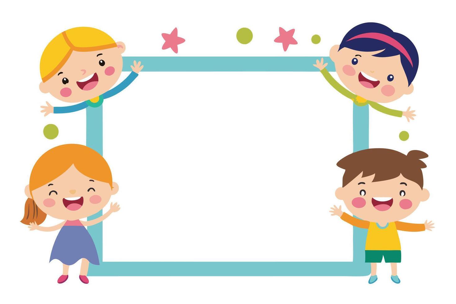 Colorful Cartoon with Cheerful Children, Stars, and Dots on White Background vector
