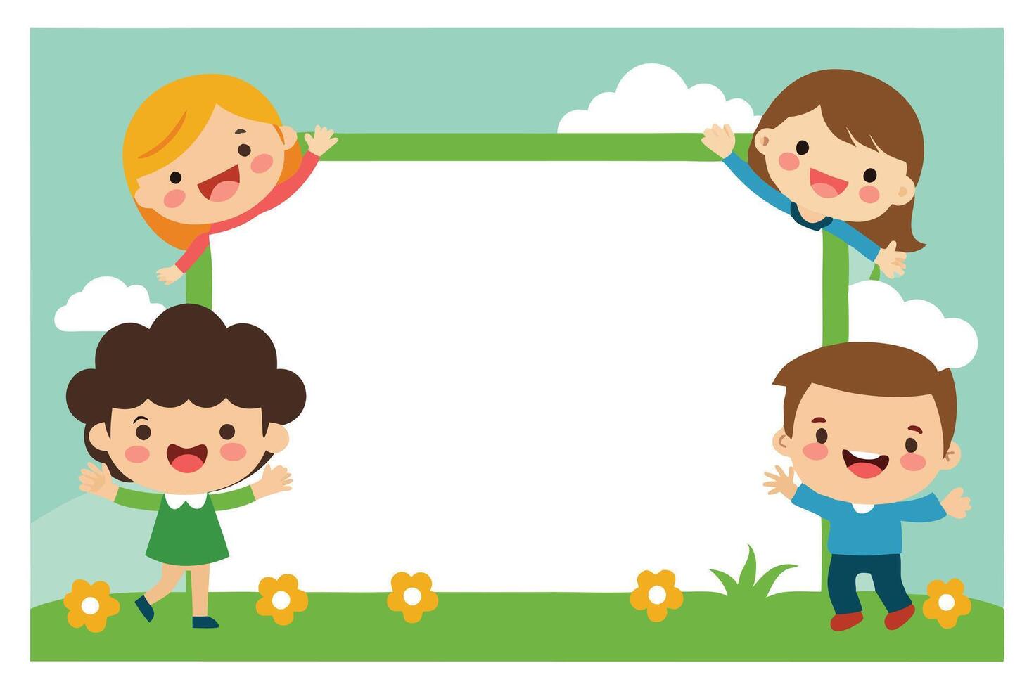 Cheerful Cartoon Kids Smiling Children Border with Flowers and White Space vector