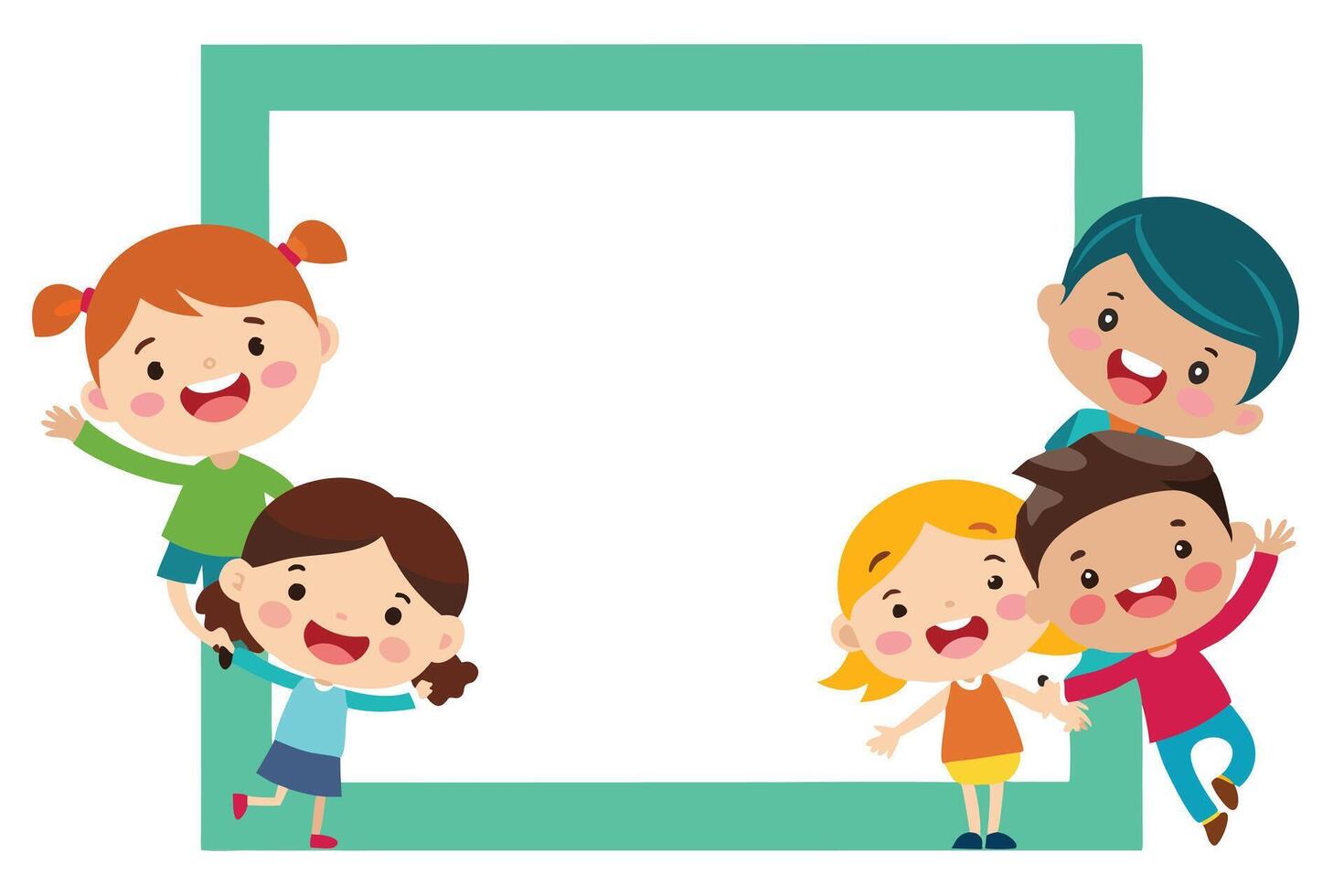 Cheerful Diverse Cartoon Kids Border with Joyful Expressions and Teal vector