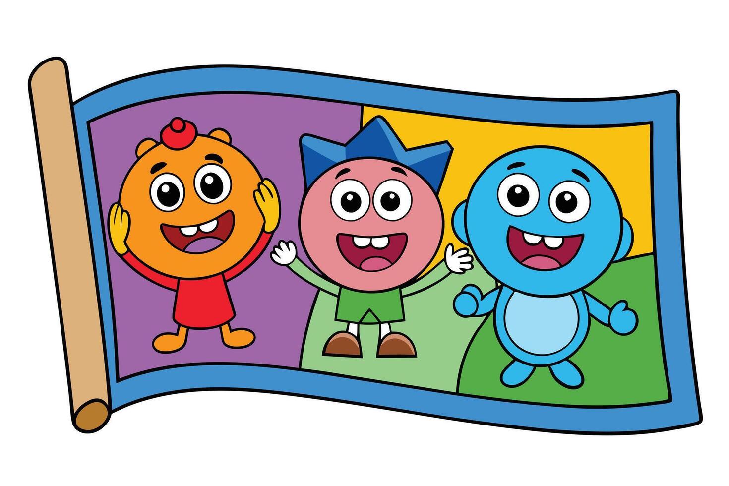Cartoon Orange Pink and Blue Character Friends on Scroll with Transparent Background vector