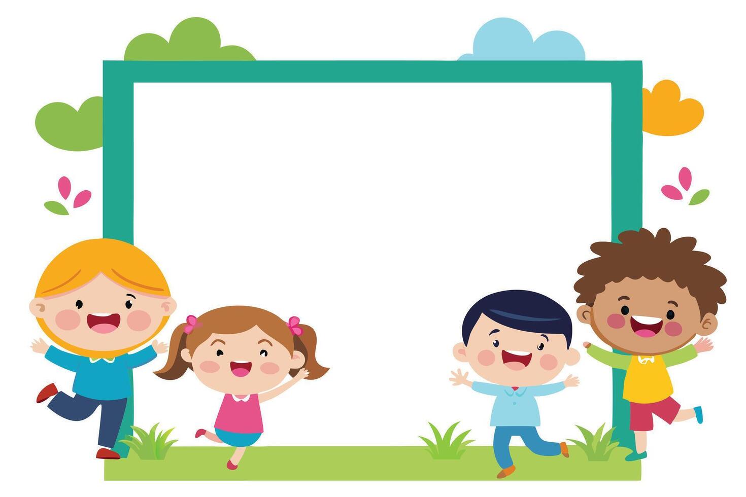 Cartoon Kids with Diverse Children Running, Smiling, and Colorful Border Design vector