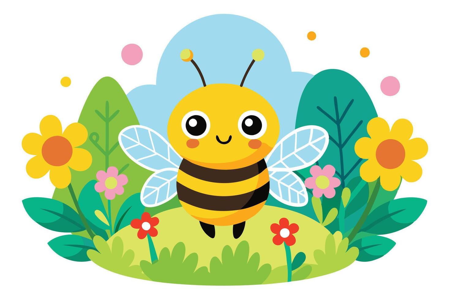 Cute Cartoon Bee in Flowers and Grass on White Background vector