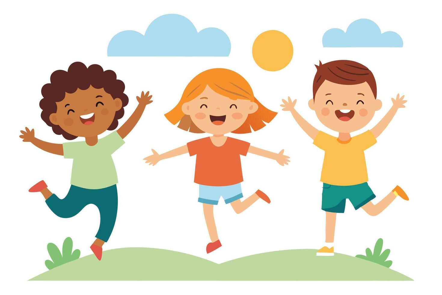 Cheerful Cartoon Diverse Children Jumping with Joy on Green Hill, Clouds and Sun vector