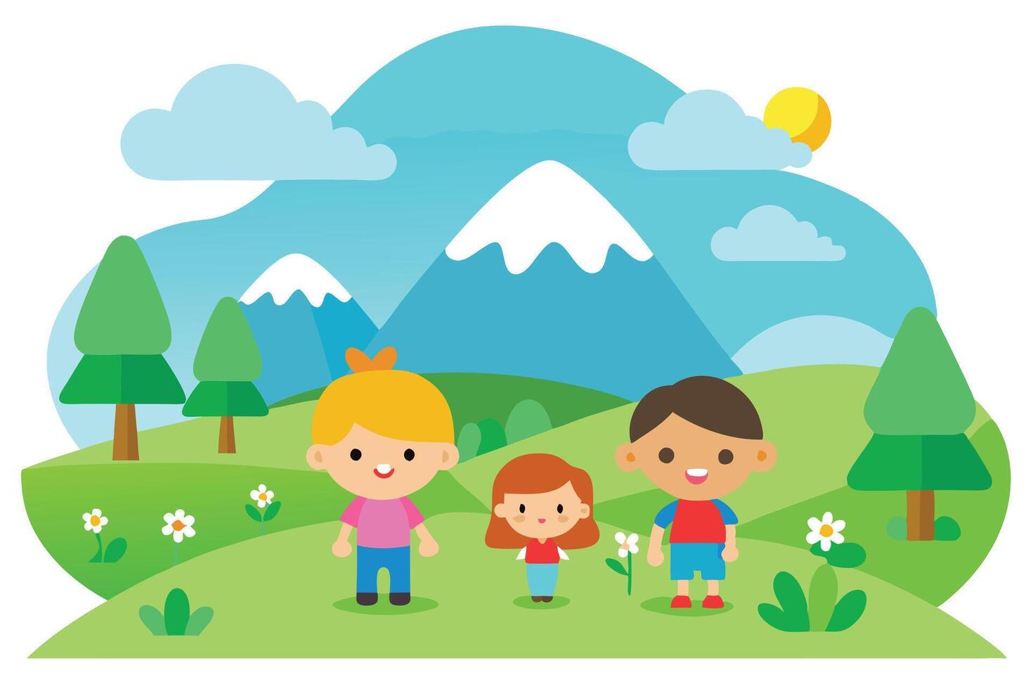 Cartoon Children Girl Boy Standing in Nature Landscape Flat Design vector