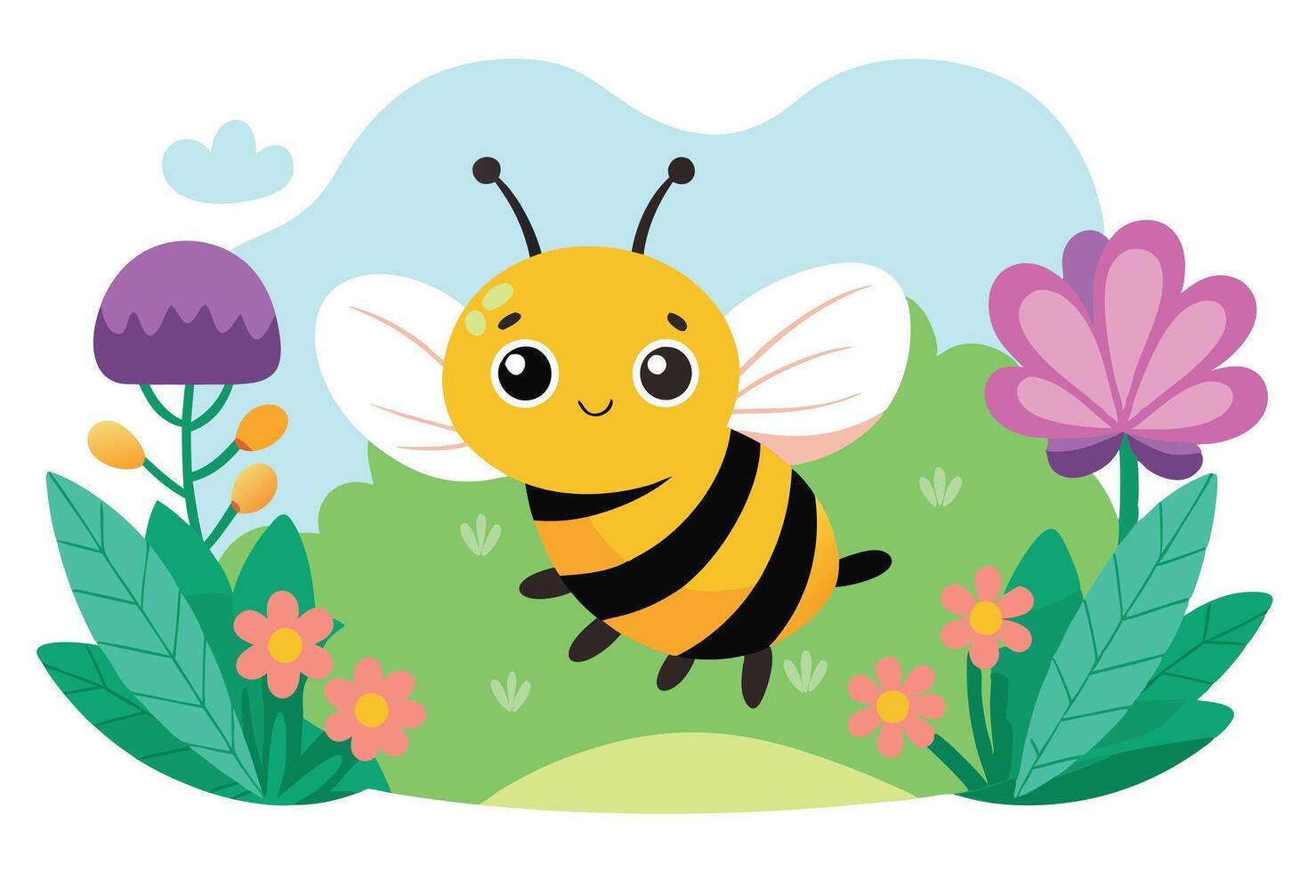 Cute Cartoon Bee Flying Amidst Flowers and Plants in Pastel Landscape vector