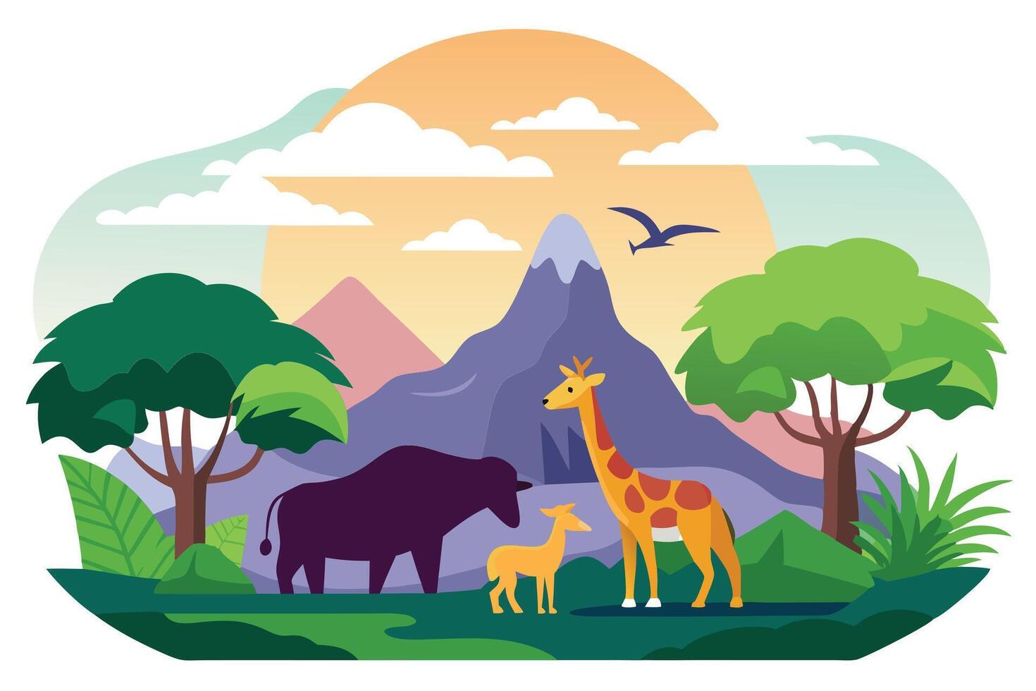 Animated Safari Giraffe, Buffalo, Deer, Mountains and Cloudy Sky Design vector