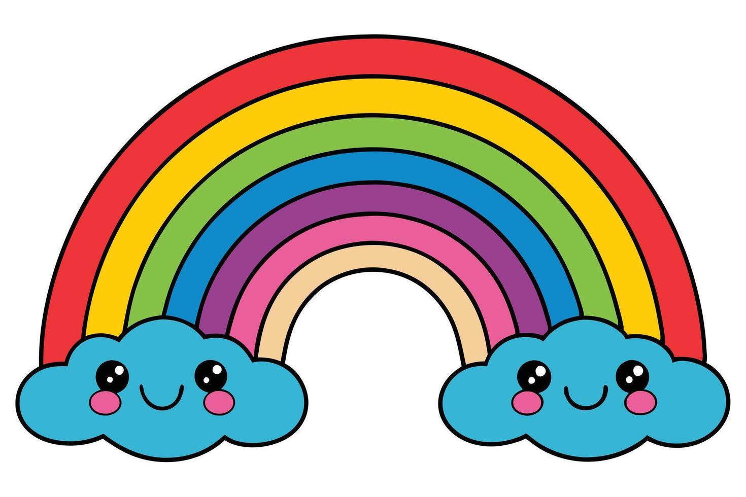 Cheerful Rainbow with Smiling Clouds Cartoon with Red Yellow Blue Colors Arc vector