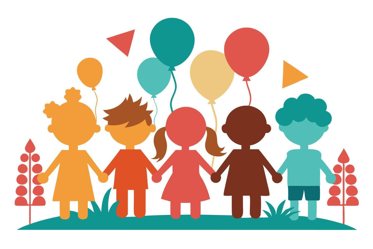 Diverse Children Holding Hands with Balloons Celebration on White Background vector