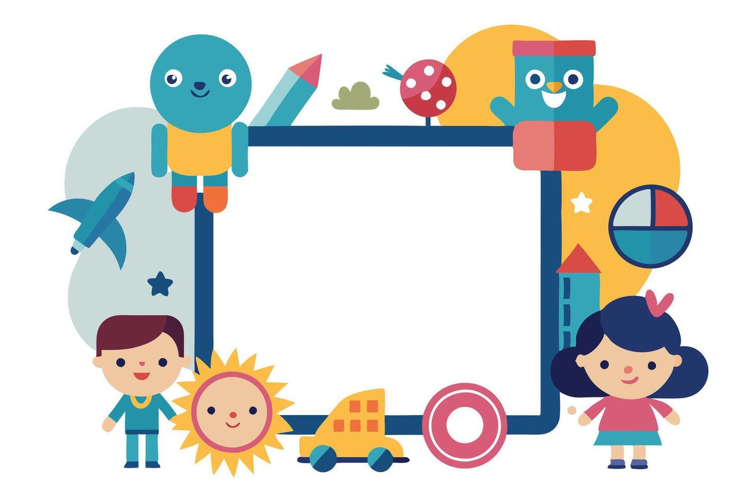 Cartoon Style Border with Happy Boy, Girl, Robot, Sun, Car and Pencil vector