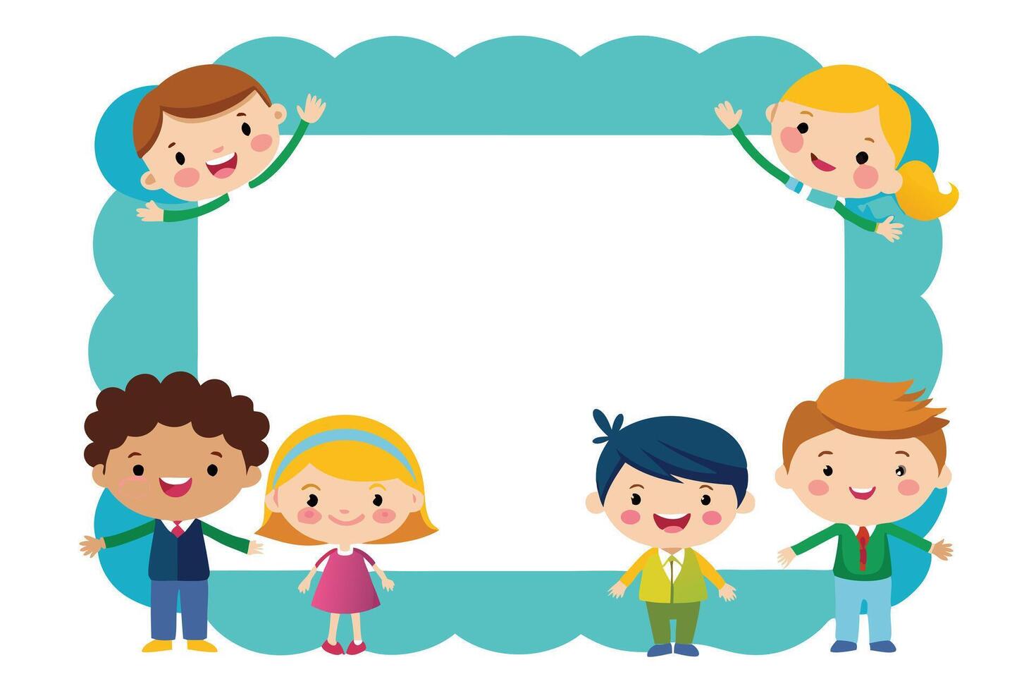 Cartoon Kids with Diverse Boys and Girls on Decorative Blue Border vector