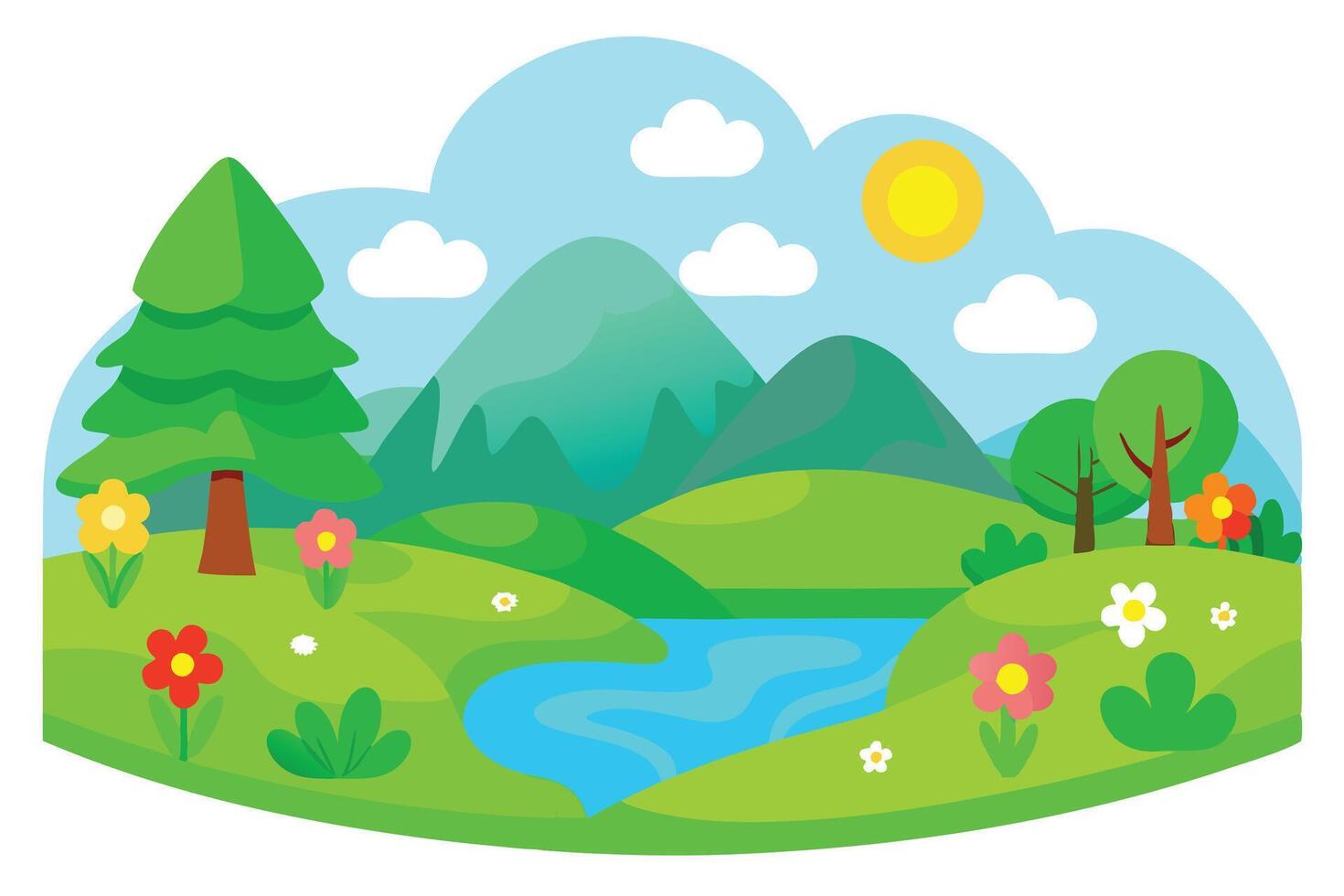 Whimsical Cartoon Landscape with Green Hills, Trees, River, Sun and Flowers vector