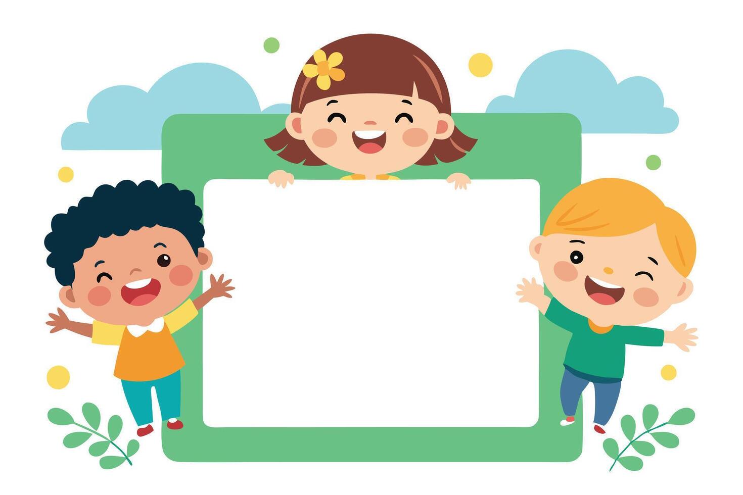 Cheerful Cartoon Kids with Brown hair Smiling near Green on White Background vector