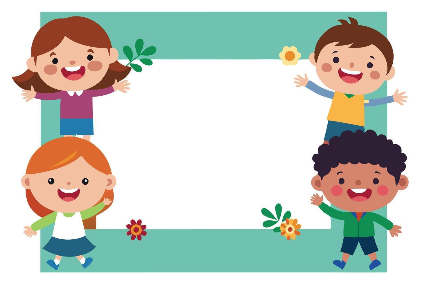 Cartoon Diverse Children around with Flowers and Foliage Flat Design vector