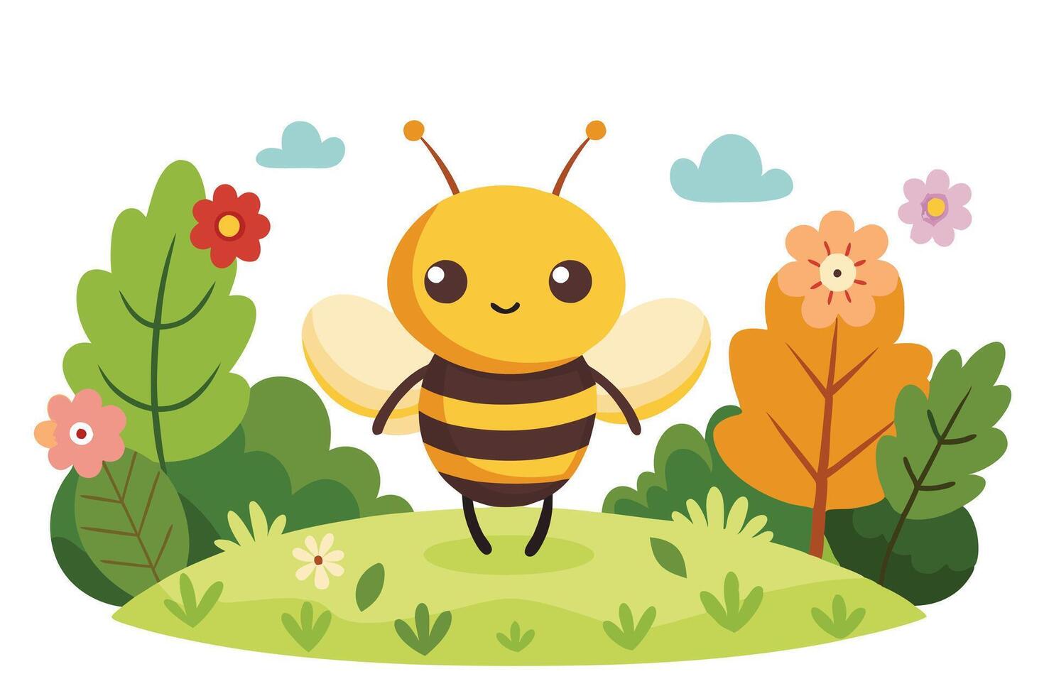 Cartoon Cute Bee Character Standing in Nature with Trees Flowers and White Background vector