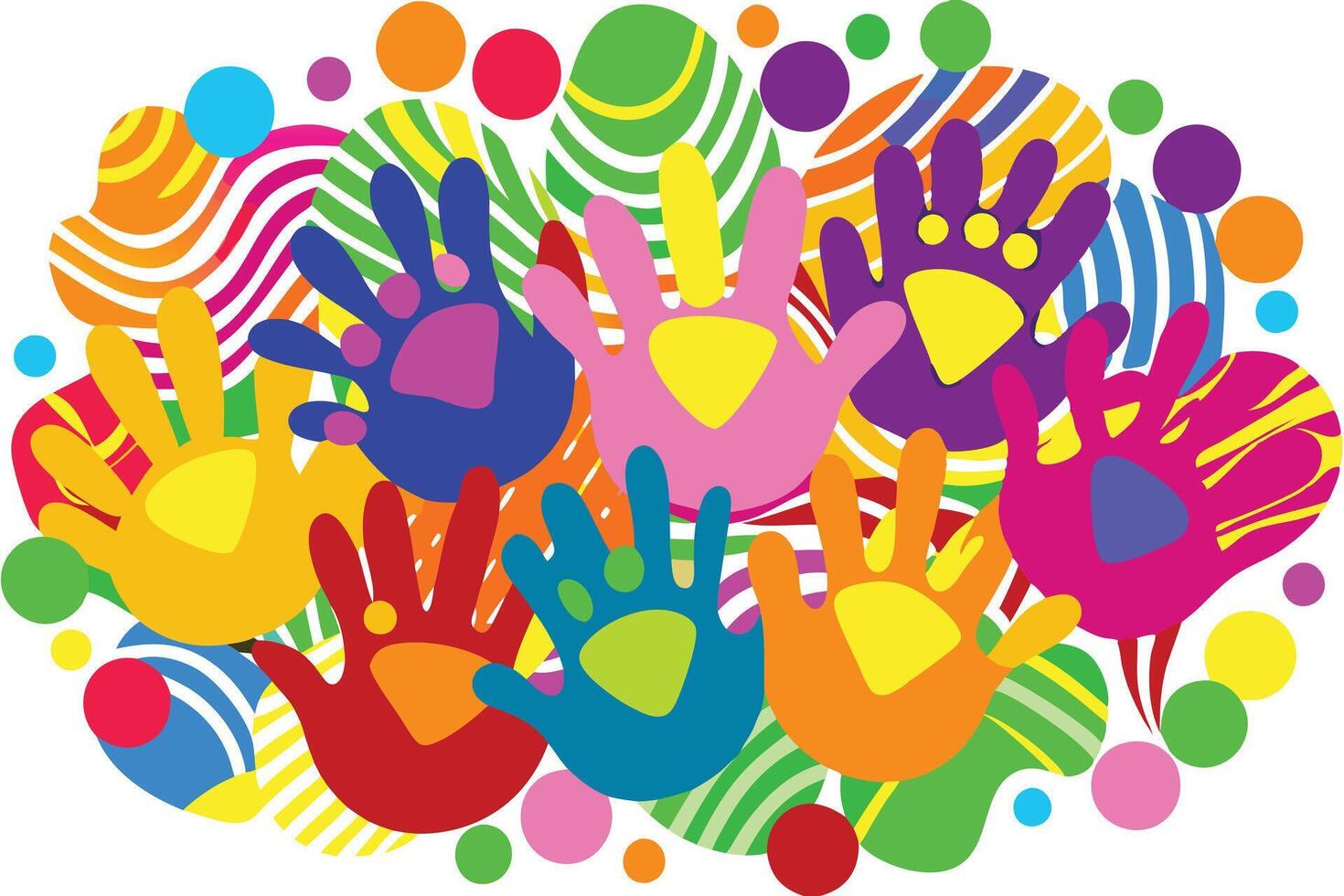 Cheerful Colorful Hands, Vivid Palette, Abstract Pattern, Playful Graphic, White Background vector