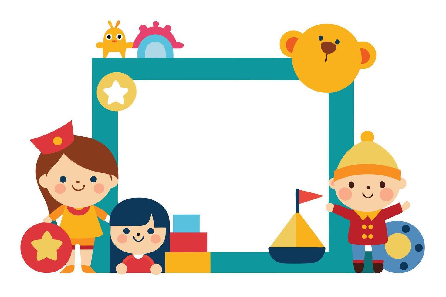 Colorful Toy with Cartoon Kids, Toys, and a Turquoise Border on White Background vector