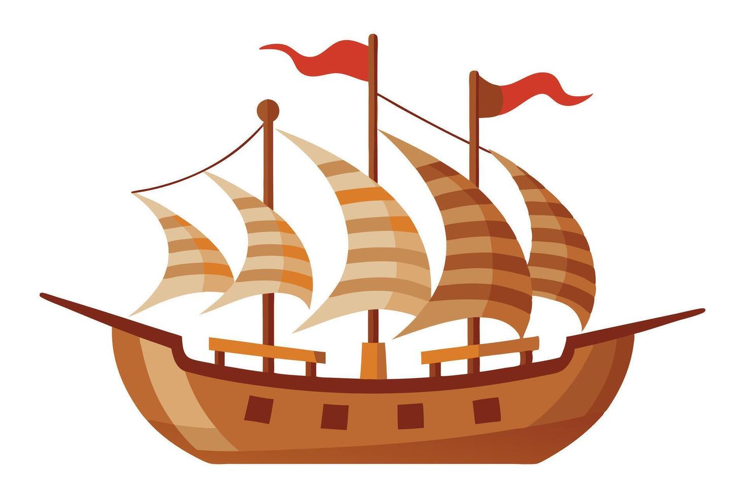 Illustrated Brown Sailing Ship with Red Flags on a Transparent Background vector