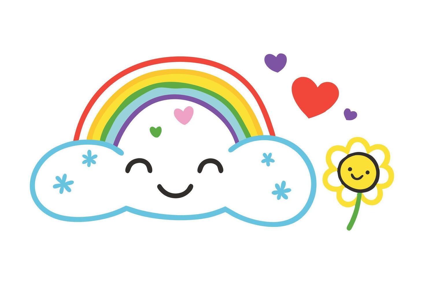Cute Smiling Cloud with Rainbow, Hearts, and Flower on White Background Cartoon vector