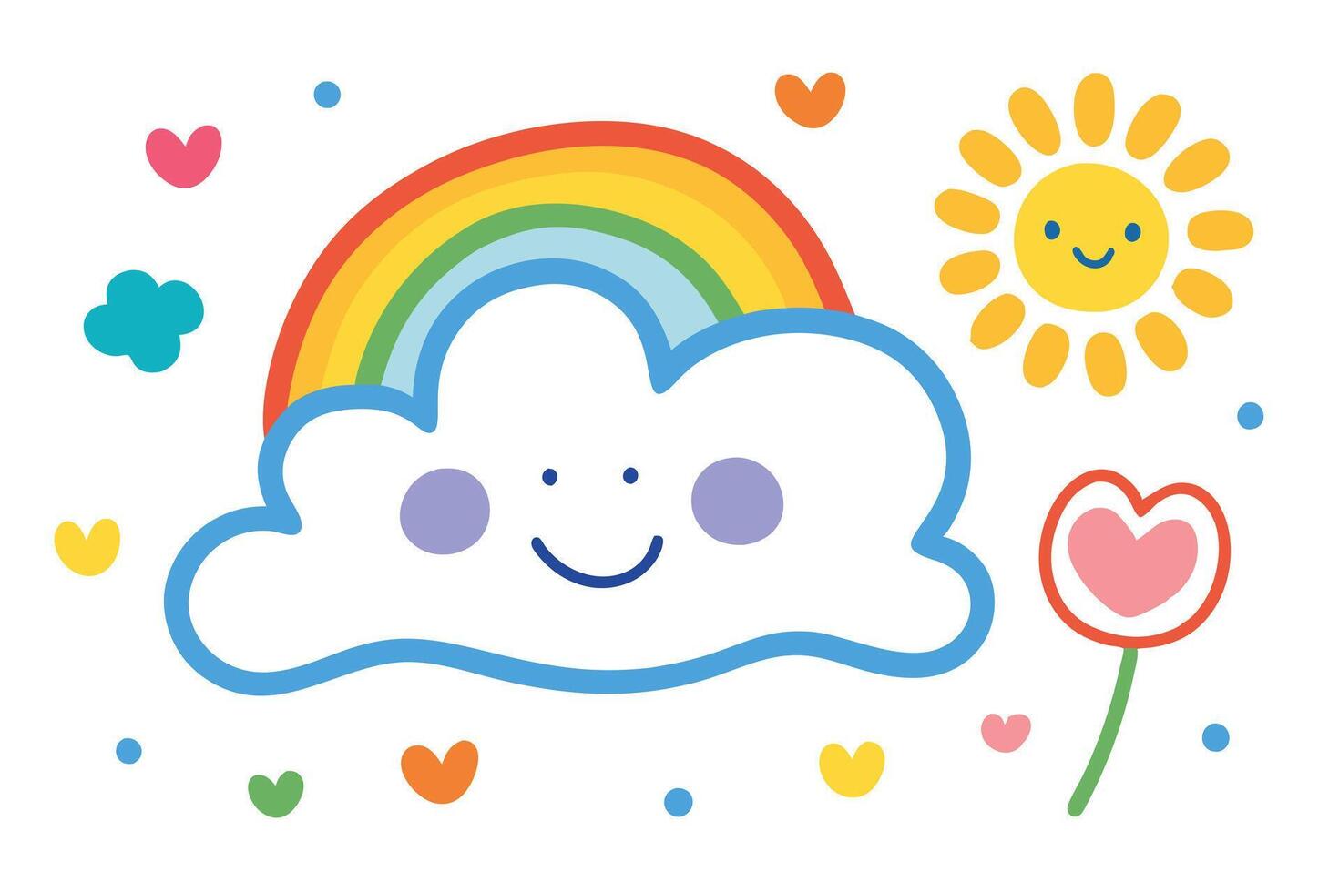 Cute Rainbow Over Cloud with Smiling Sun and Hearts on White Background Cartoon vector