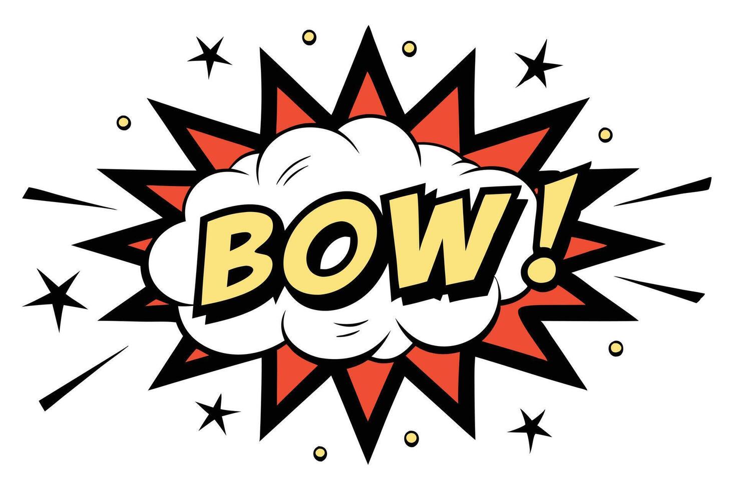 Cartoon Burst with Comic Bow Text, Stars, Red Spikes and Yellow Circles Design vector