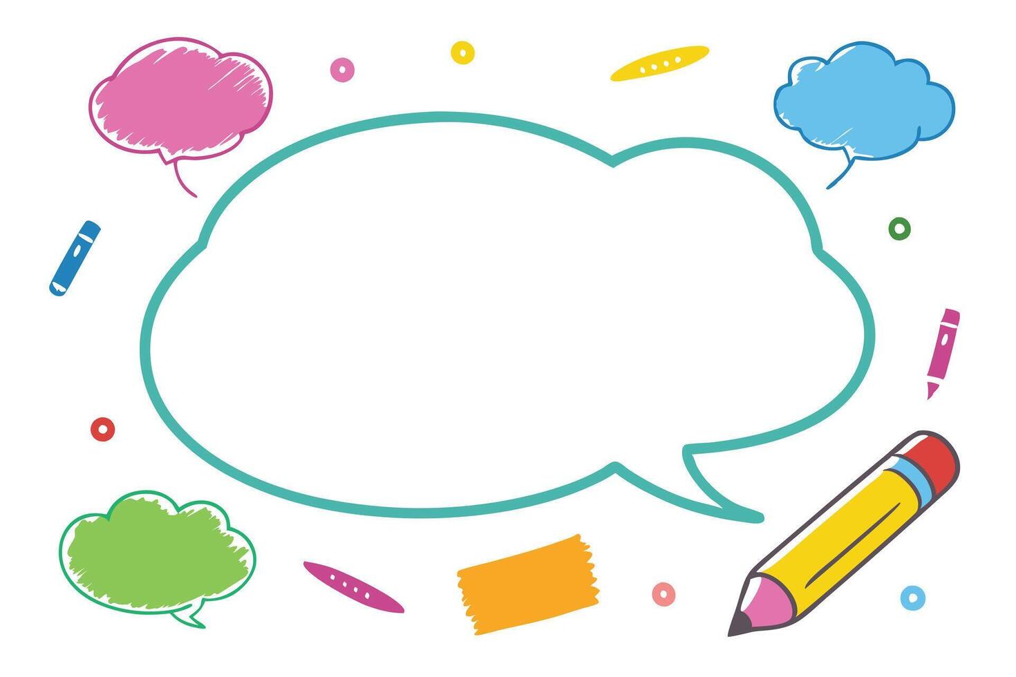 Colorful Speech Bubble with Cartoon Pencils and Colorful Elements on White vector