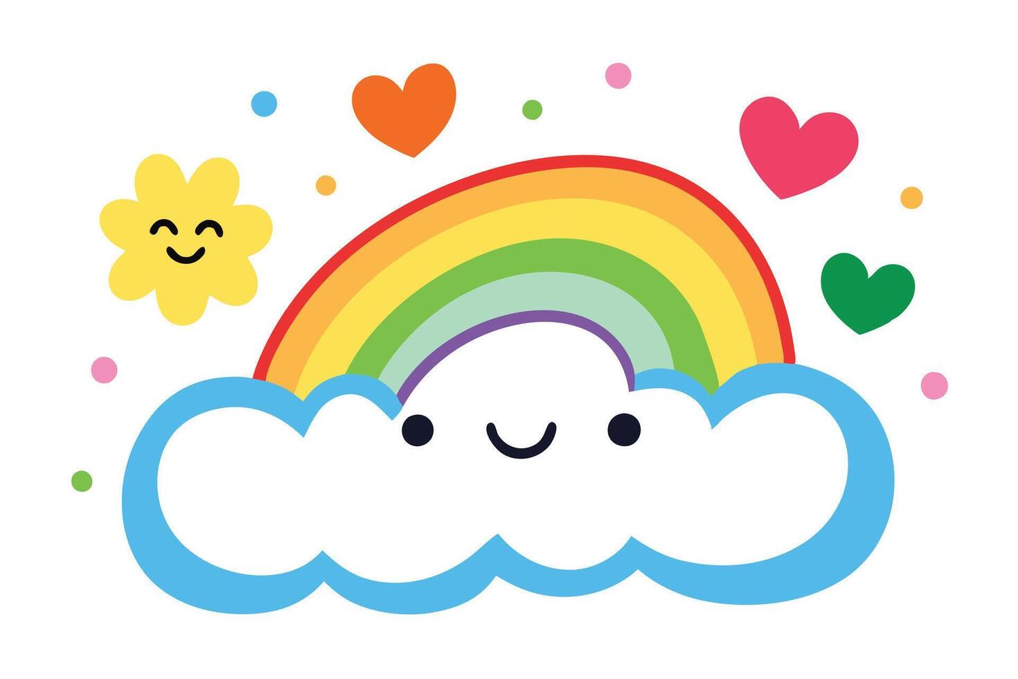 Cute Smiling Cloud Rainbow Colorful Hearts and Flower Cartoon Design vector